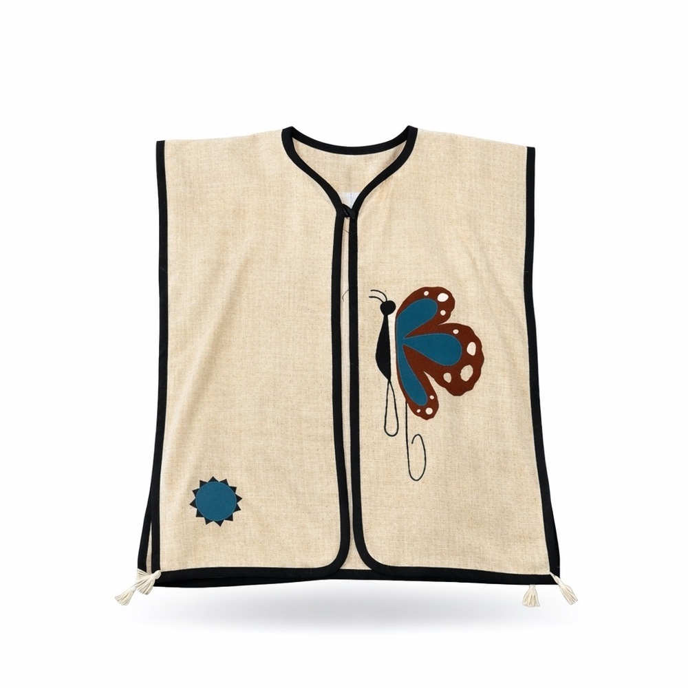 Unbranded Canvas Smock Top Size Unknown Beige Embroidered Butterflies Tassels​​​